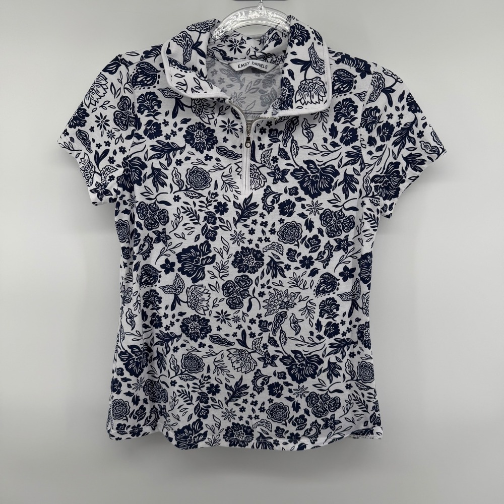 Emily Daniels Women's Floral Print Polo Shirt Short Sleeve Zipper Size S